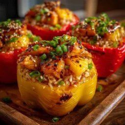 Teriyaki Pineapple Chicken and Rice Stuffed Peppers on a plate