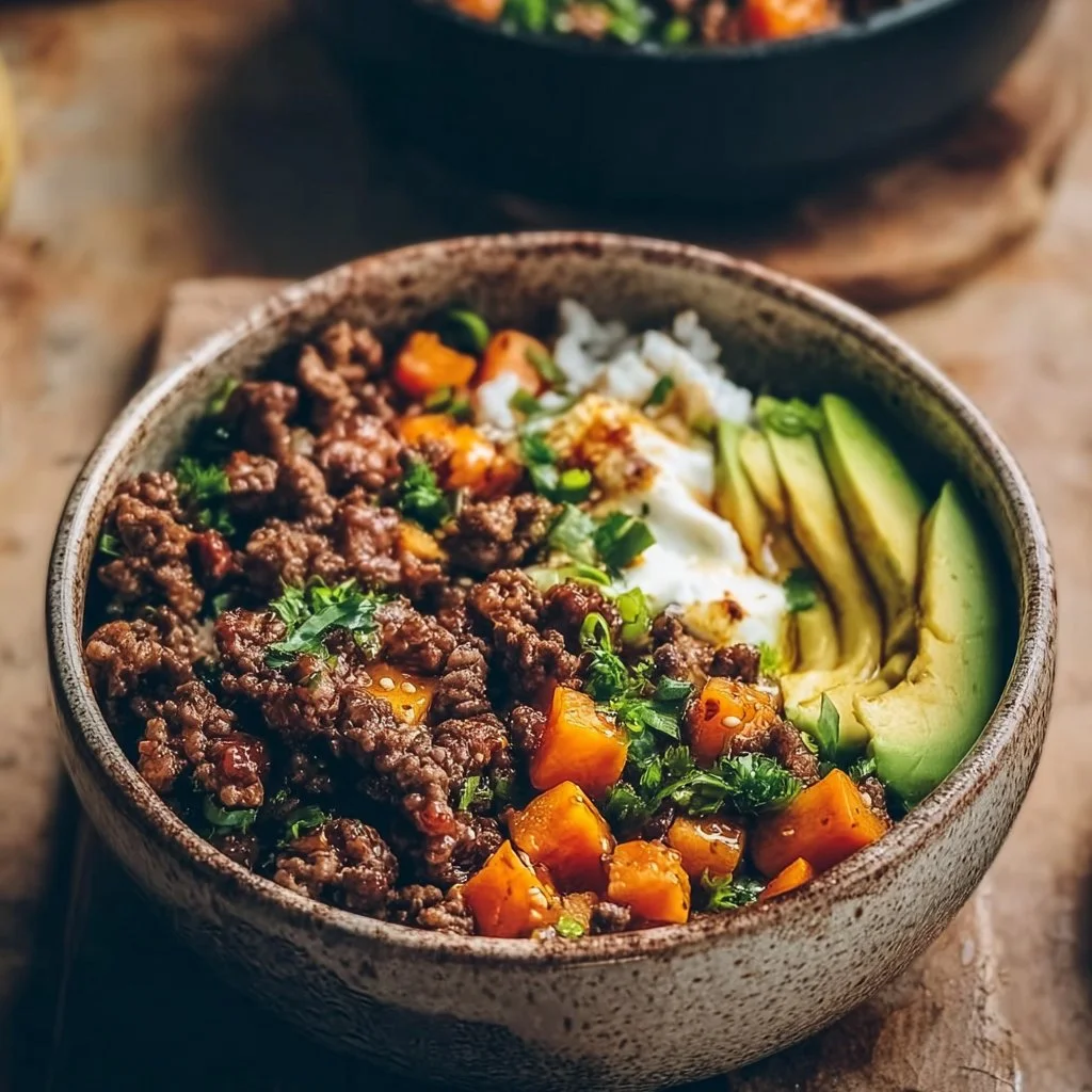 Viral hot honey ground beef bowl with vegetables and grains for meal prep.