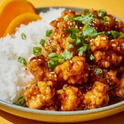 Plate of zesty ground orange chicken with rice and vegetables