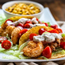 Crispy Air Fryer Shrimp Tacos served with creamy slaw and fresh toppings.