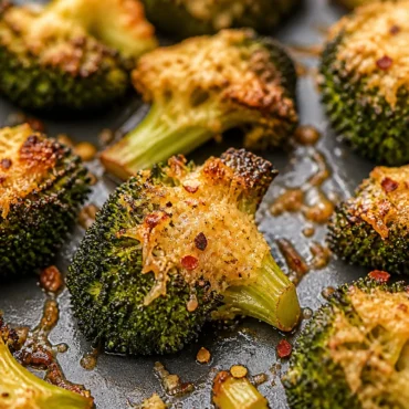 Crispy Air Fryer Smashed Parmesan Broccoli topped with cheese and seasoning.