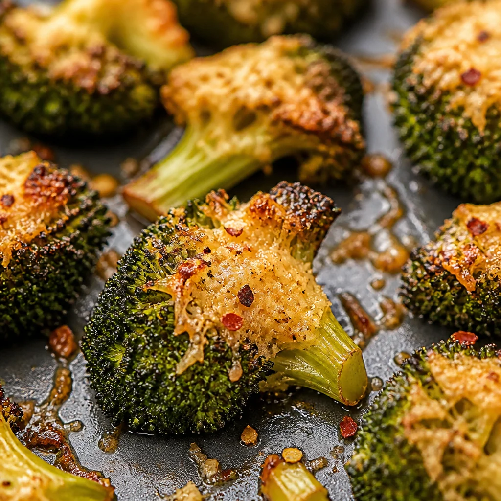 Crispy Air Fryer Smashed Parmesan Broccoli topped with cheese and seasoning.