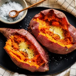 Delicious Air Fryer Sweet Potato Casserole Boats served with toppings.