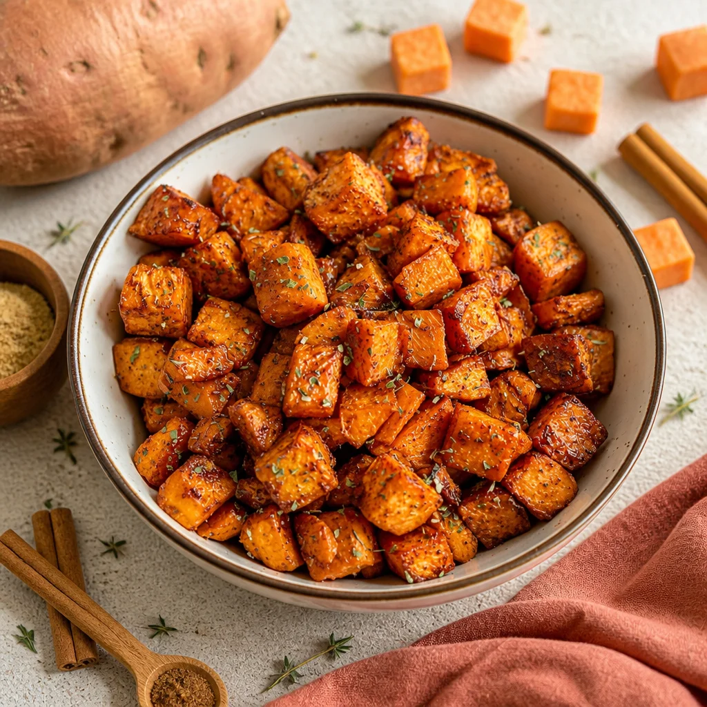 Air Fryer Maple Cinnamon Sweet Potato Cubes served in a bowl as a delicious side dish.