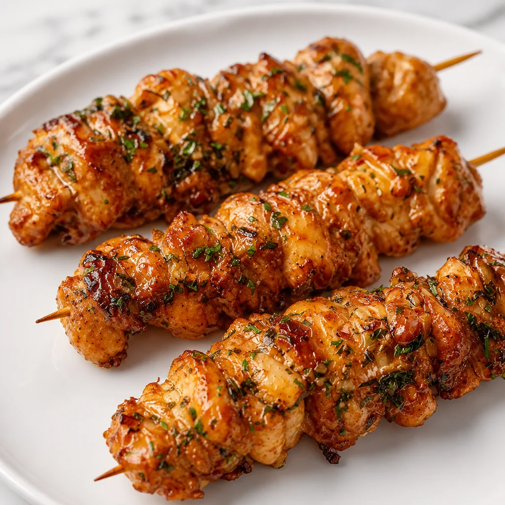 Delicious Quick Air Fryer BBQ Chicken Skewers cooked to perfection.