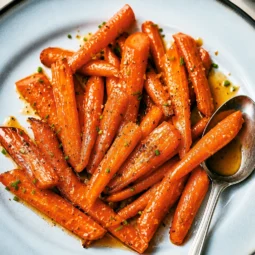 Air Fryer Honey Glazed Carrots served on a plate, drizzled with honey garlic butter.
