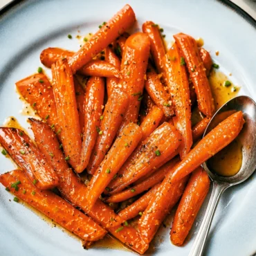 Air Fryer Honey Glazed Carrots served on a plate, drizzled with honey garlic butter.